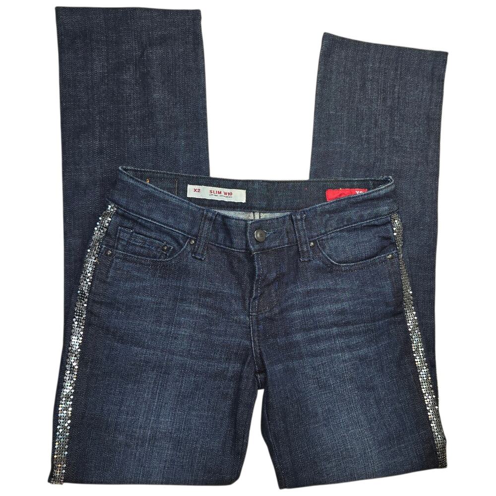 Y2k Low Rise Dark Wash Denim Straight Embellished X2 Jeans Size 0